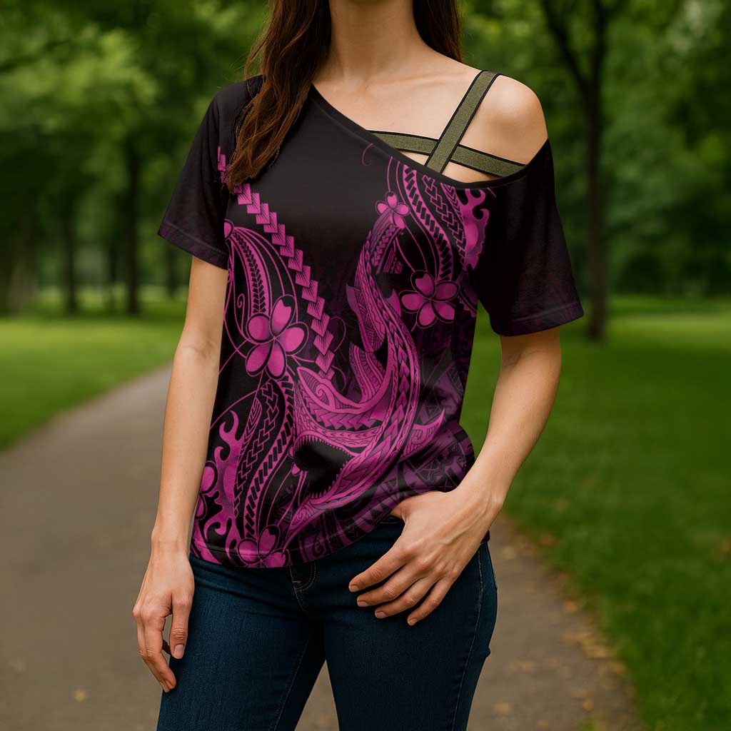 Pink Black Aloha Hawaii Cross Shoulder Shirt Polynesian Shark Tattoo With Plumeria - Polynesian Pride