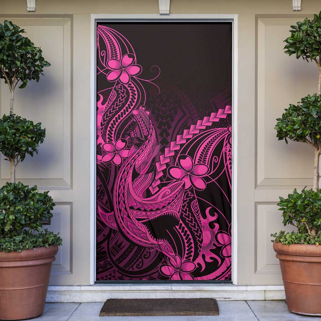Pink Black Aloha Hawaii Door Cover Polynesian Shark Tattoo With Plumeria - Polynesian Pride