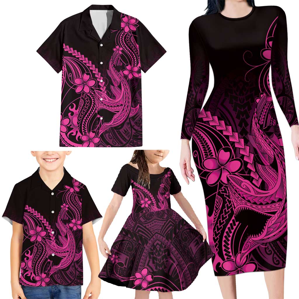 Pink Black Aloha Hawaii Family Matching Long Sleeve Bodycon Dress and Hawaiian Shirt Polynesian Shark Tattoo With Plumeria - Polynesian Pride