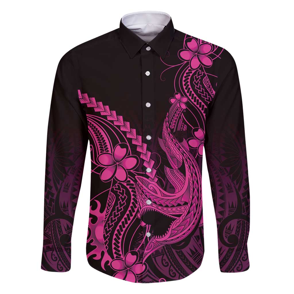Pink Black Aloha Hawaii Family Matching Long Sleeve Bodycon Dress and Hawaiian Shirt Polynesian Shark Tattoo With Plumeria - Polynesian Pride