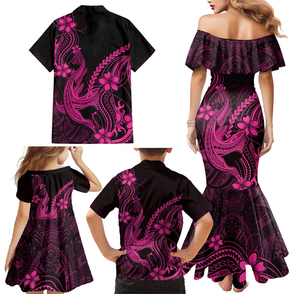 Pink Black Aloha Hawaii Family Matching Mermaid Dress and Hawaiian Shirt Polynesian Shark Tattoo With Plumeria - Polynesian Pride