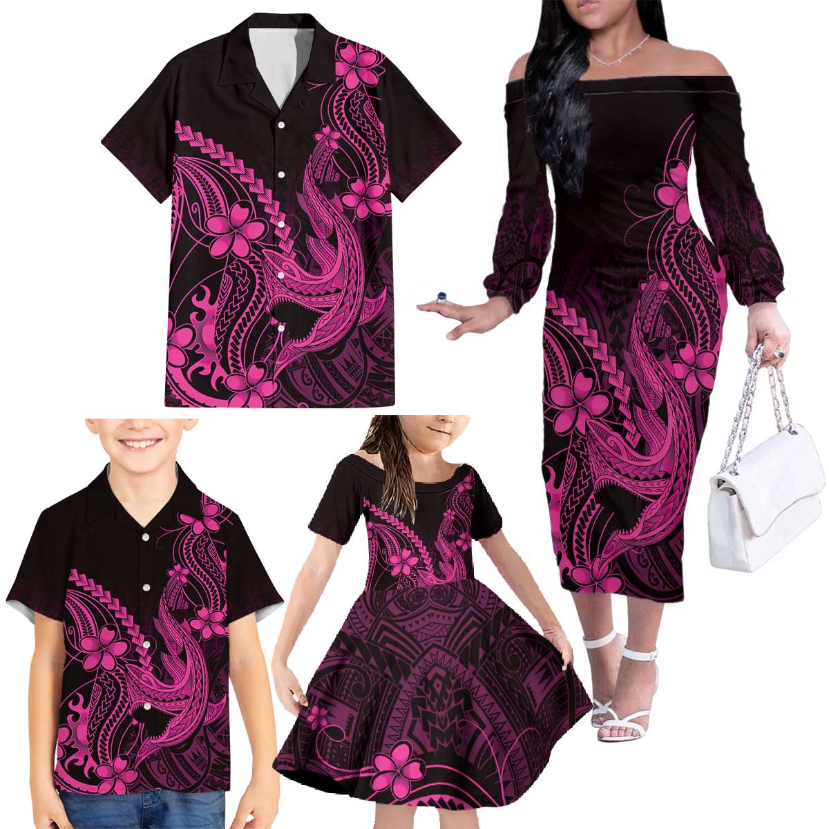 Pink Black Aloha Hawaii Family Matching Off The Shoulder Long Sleeve Dress and Hawaiian Shirt Polynesian Shark Tattoo With Plumeria - Polynesian Pride