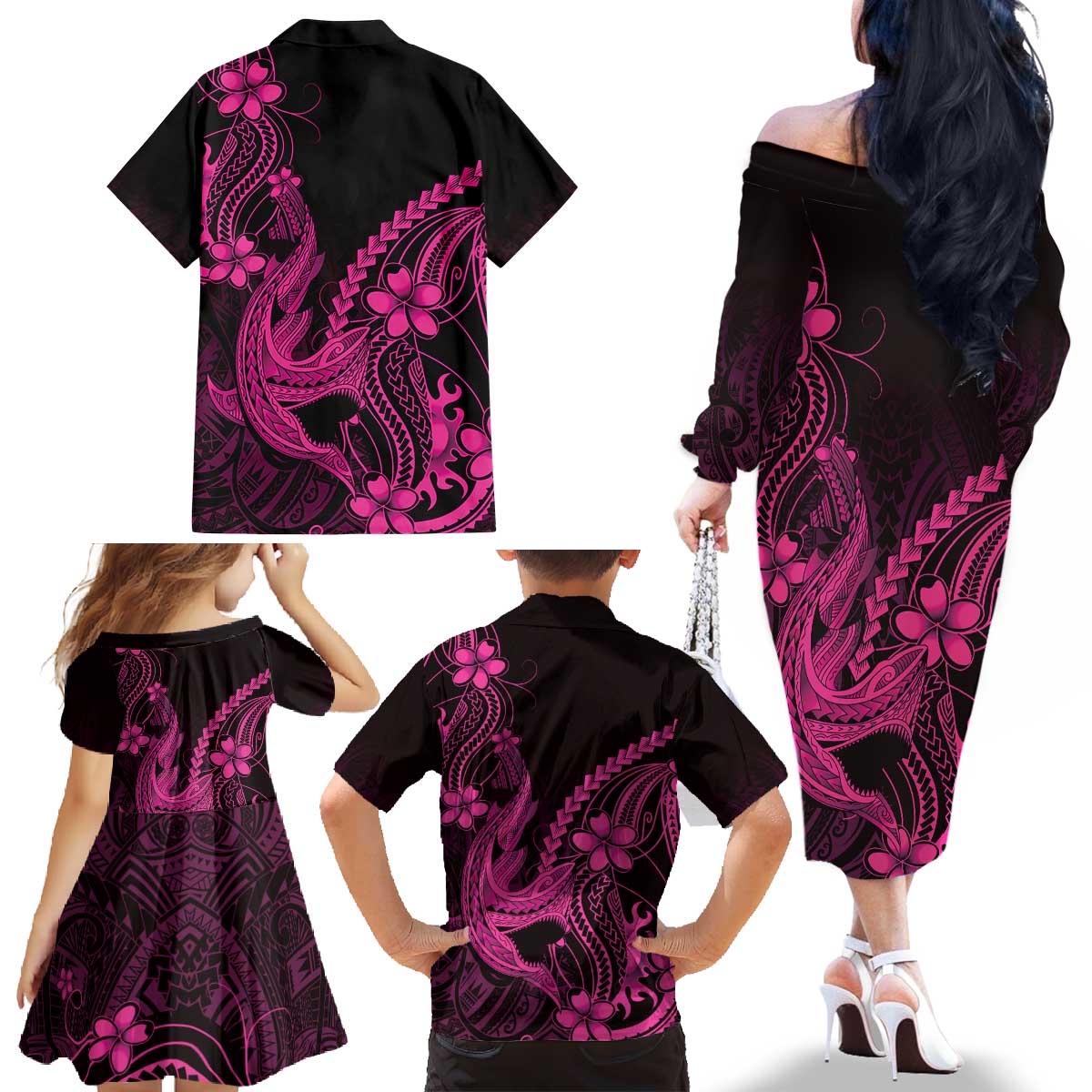 Pink Black Aloha Hawaii Family Matching Off The Shoulder Long Sleeve Dress and Hawaiian Shirt Polynesian Shark Tattoo With Plumeria - Polynesian Pride