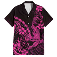 Pink Black Aloha Hawaii Family Matching Off The Shoulder Long Sleeve Dress and Hawaiian Shirt Polynesian Shark Tattoo With Plumeria - Polynesian Pride