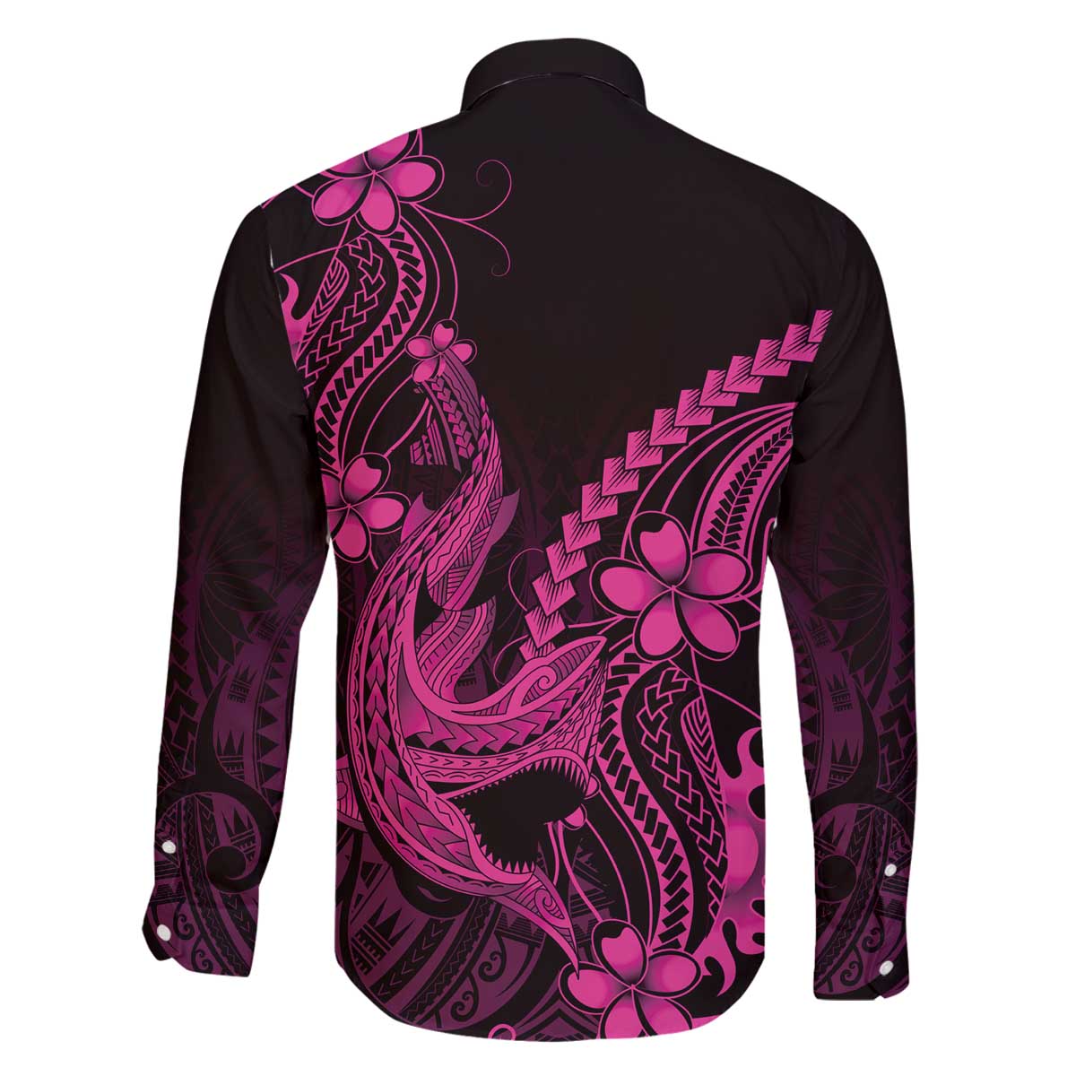 Pink Black Aloha Hawaii Family Matching Off The Shoulder Long Sleeve Dress and Hawaiian Shirt Polynesian Shark Tattoo With Plumeria - Polynesian Pride