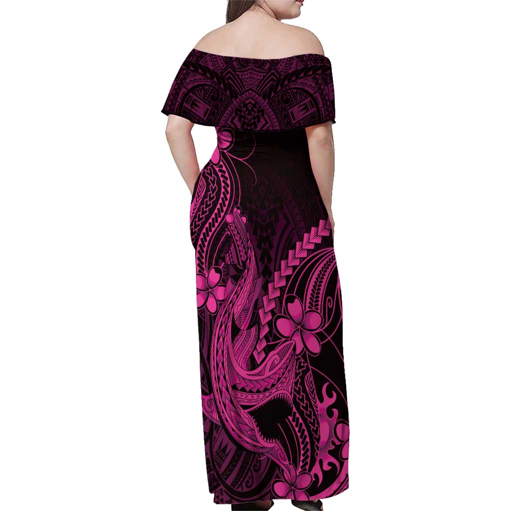 Pink Black Aloha Hawaii Family Matching Off Shoulder Maxi Dress and Hawaiian Shirt Polynesian Shark Tattoo With Plumeria - Polynesian Pride