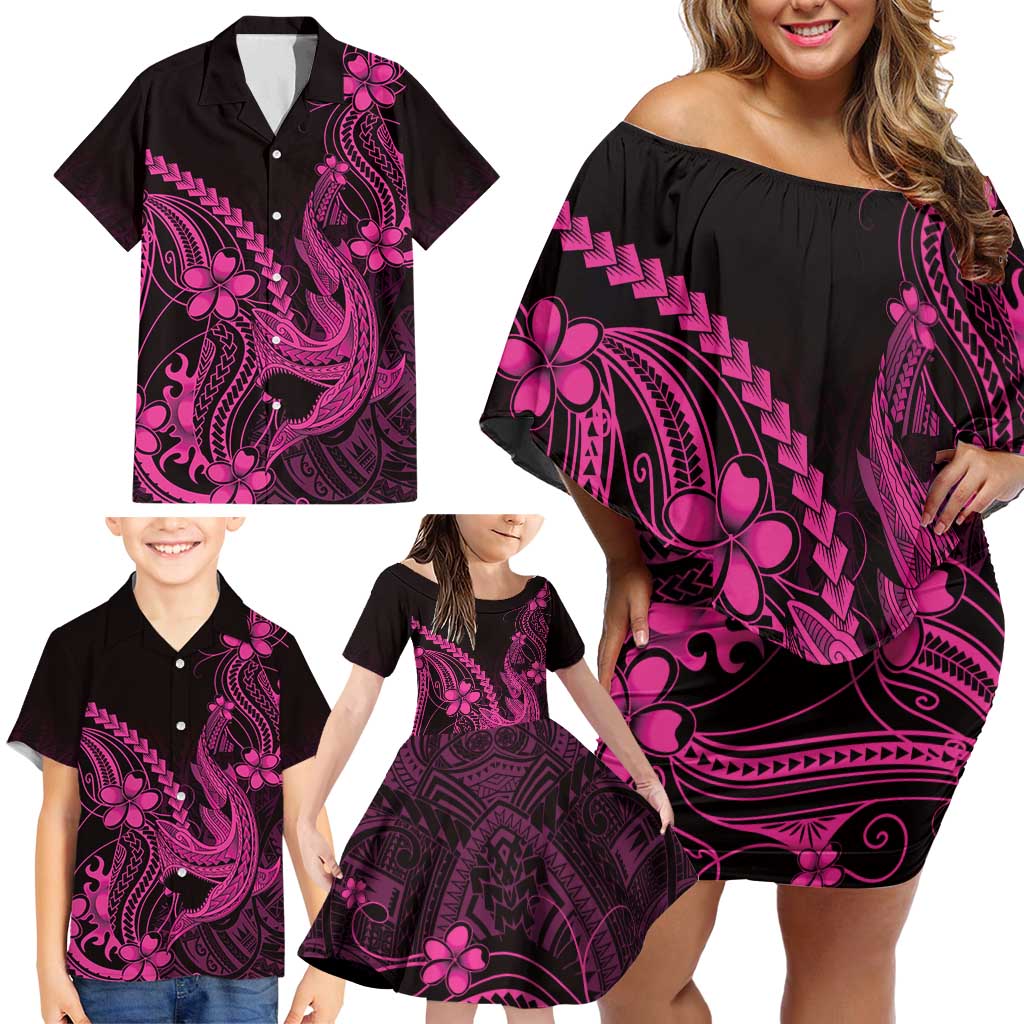Pink Black Aloha Hawaii Family Matching Off Shoulder Short Dress and Hawaiian Shirt Polynesian Shark Tattoo With Plumeria - Polynesian Pride