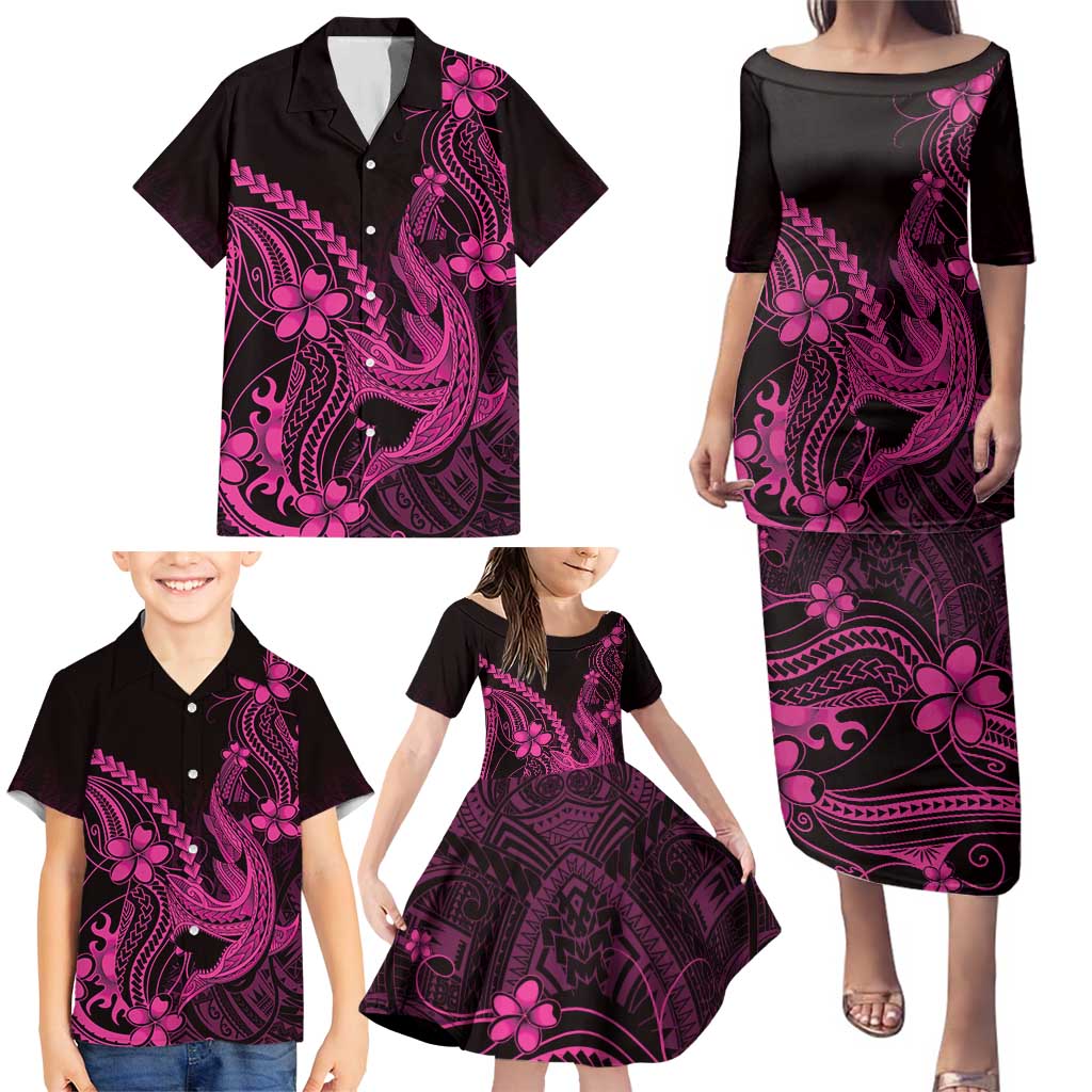 Pink Black Aloha Hawaii Family Matching Puletasi and Hawaiian Shirt Polynesian Shark Tattoo With Plumeria - Polynesian Pride