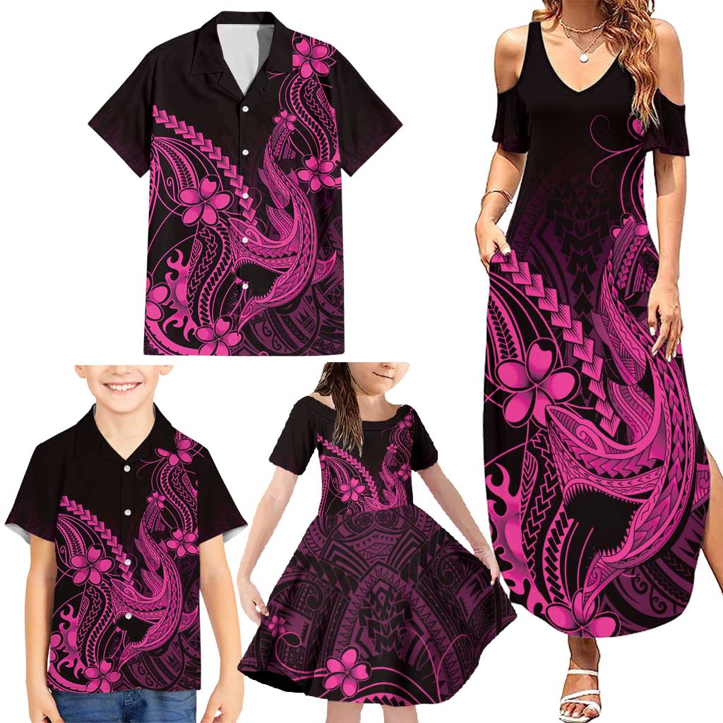 Pink Black Aloha Hawaii Family Matching Summer Maxi Dress and Hawaiian Shirt Polynesian Shark Tattoo With Plumeria - Polynesian Pride