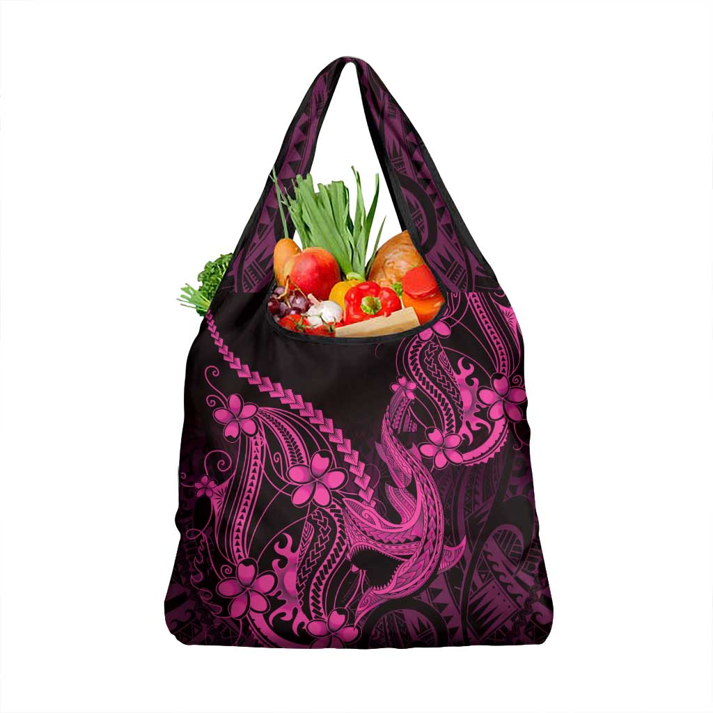Pink Black Aloha Hawaii Grocery Bag Polynesian Shark Tattoo With Plumeria - Polynesian Pride