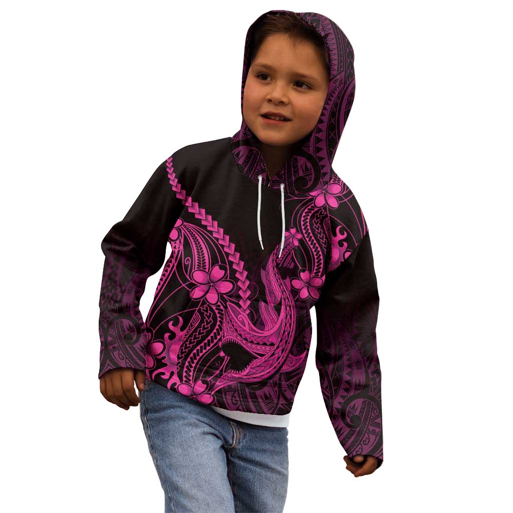 Pink Black Aloha Hawaii Kid Hoodie Polynesian Shark Tattoo With Plumeria - Polynesian Pride