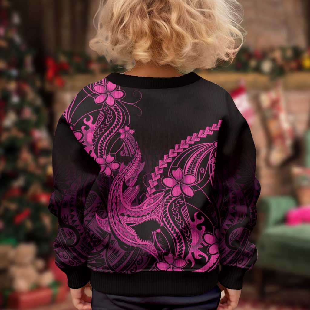 Pink Black Aloha Hawaii Kid Ugly Christmas Sweater Polynesian Shark Tattoo With Plumeria - Polynesian Pride