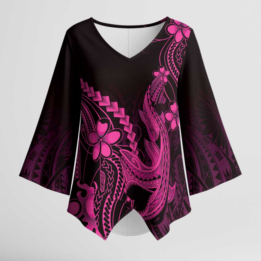 Pink Black Aloha Hawaii Kimono Sleeve Blouse Polynesian Shark Tattoo With Plumeria - Polynesian Pride