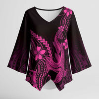Pink Black Aloha Hawaii Kimono Sleeve Blouse Polynesian Shark Tattoo With Plumeria - Polynesian Pride