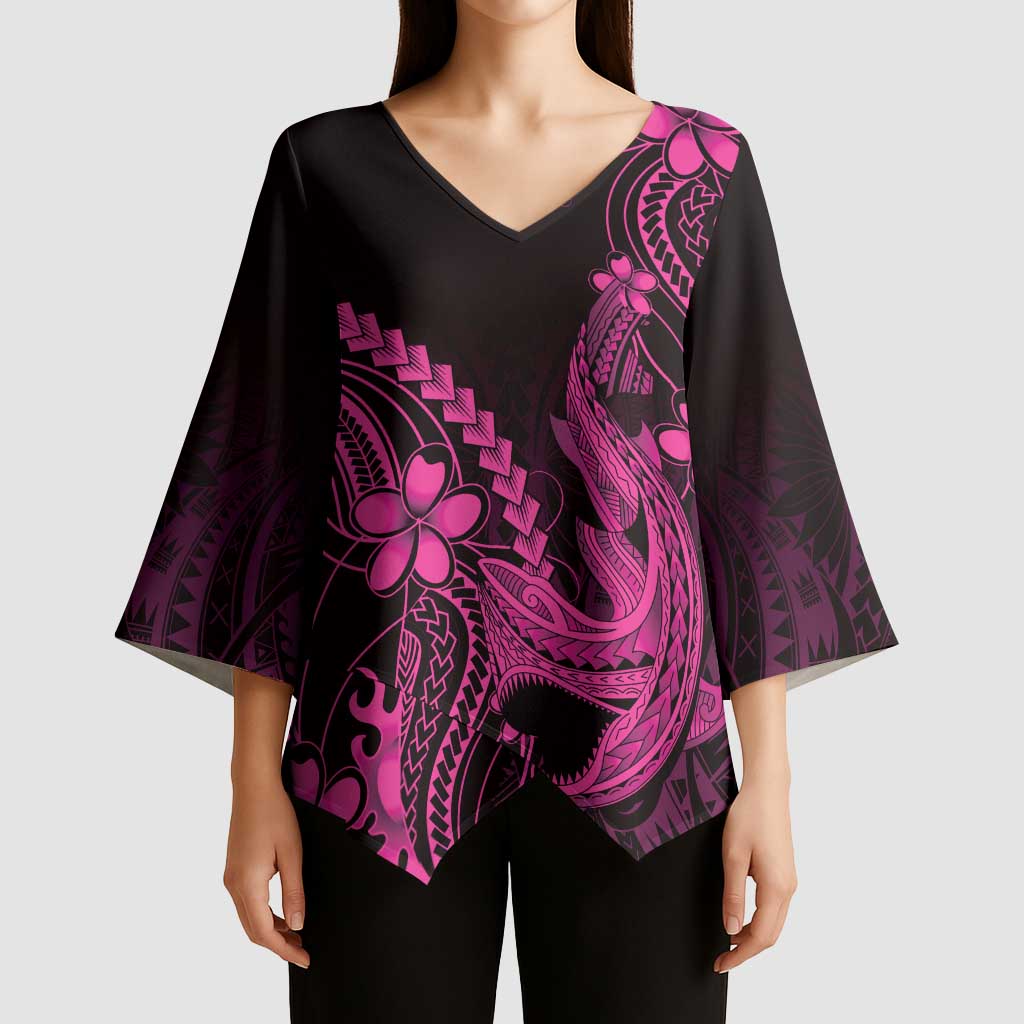 Pink Black Aloha Hawaii Kimono Sleeve Blouse Polynesian Shark Tattoo With Plumeria - Polynesian Pride