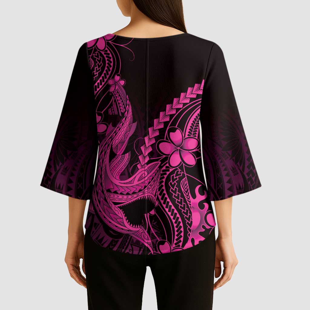 Pink Black Aloha Hawaii Kimono Sleeve Blouse Polynesian Shark Tattoo With Plumeria - Polynesian Pride