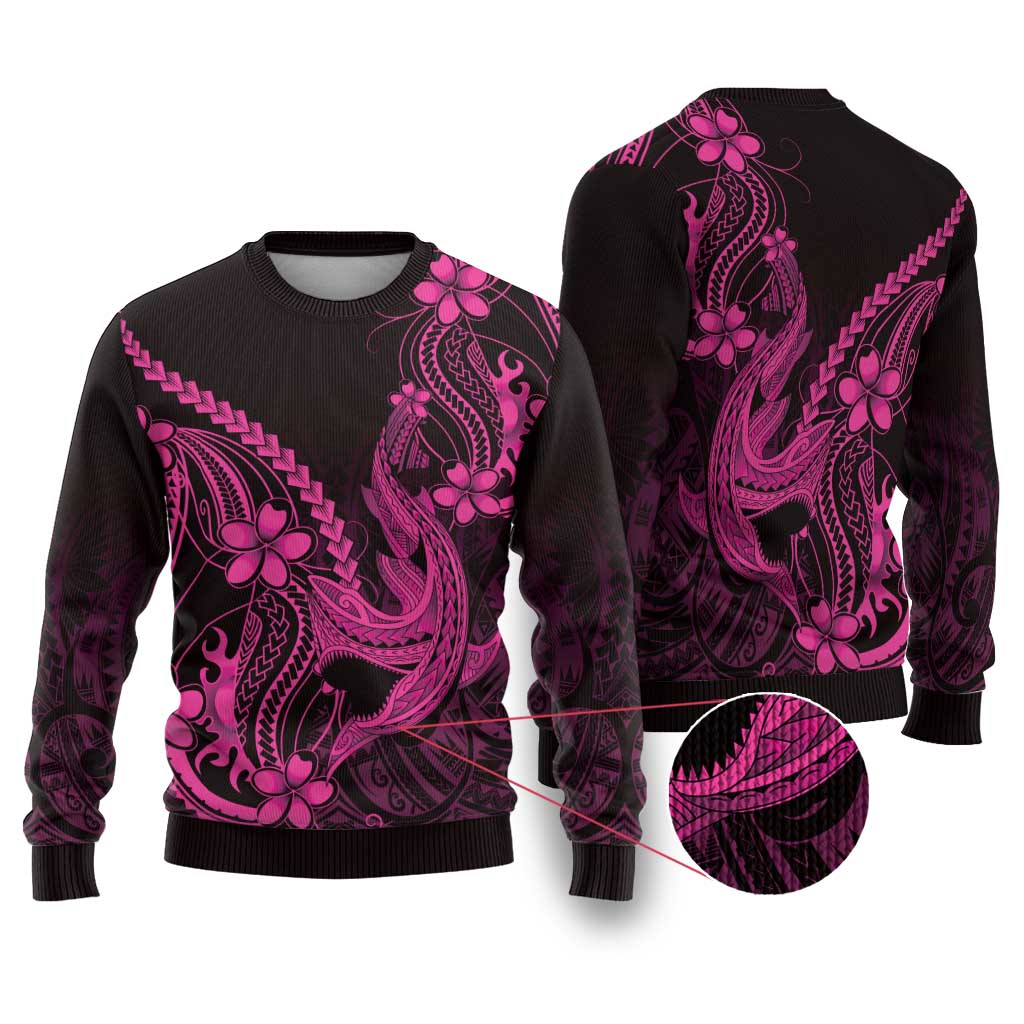 Pink Black Aloha Hawaii Ugly Christmas Sweater Polynesian Shark Tattoo With Plumeria - Polynesian Pride