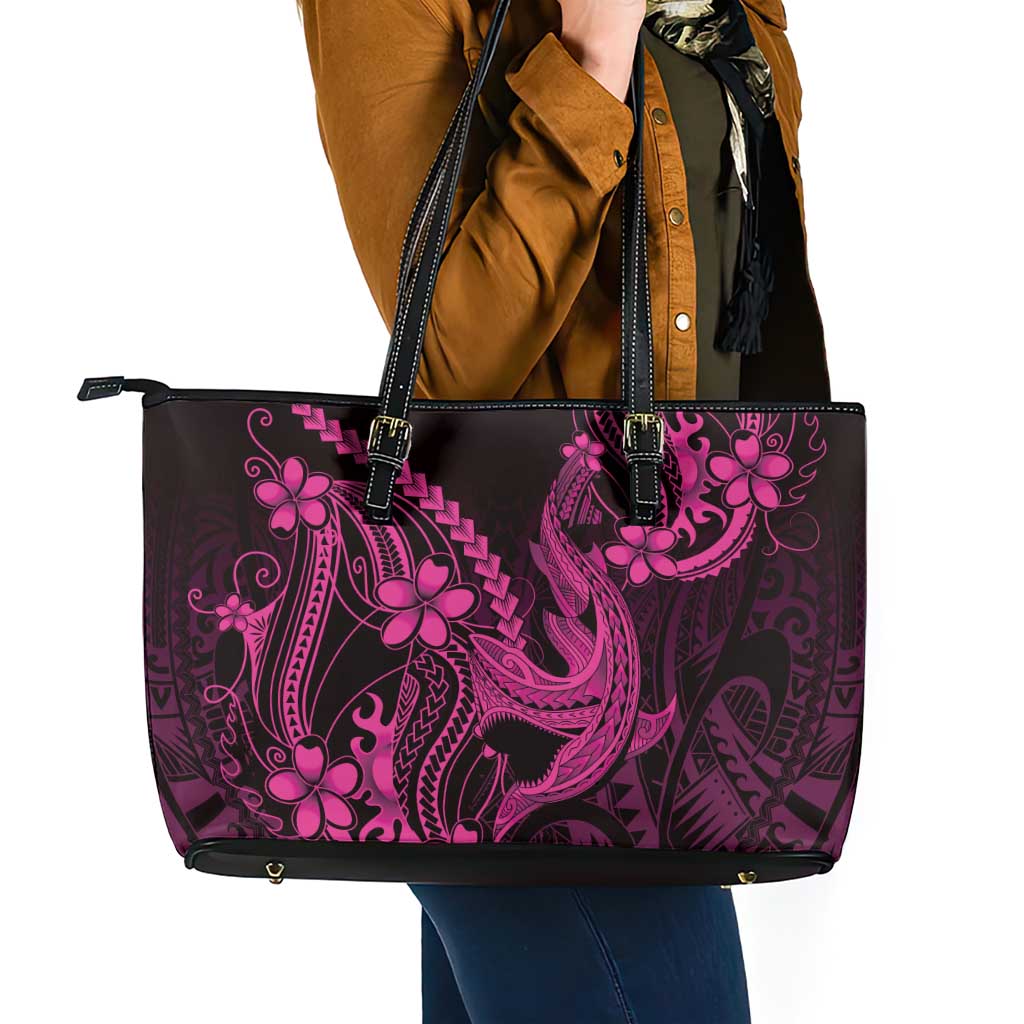 Pink Black Aloha Hawaii Leather Tote Bag Polynesian Shark Tattoo With Plumeria - Polynesian Pride
