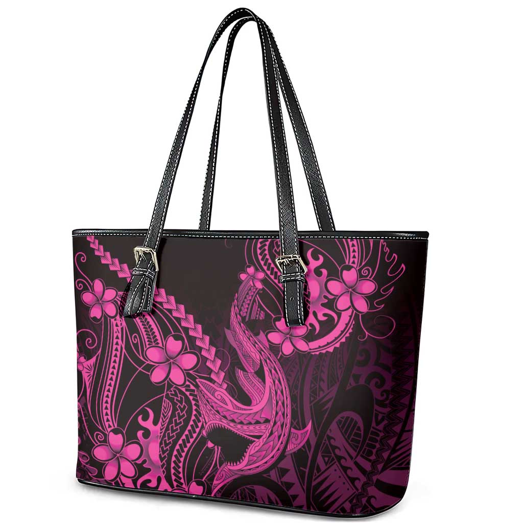 Pink Black Aloha Hawaii Leather Tote Bag Polynesian Shark Tattoo With Plumeria - Polynesian Pride