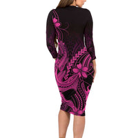 Pink Black Aloha Hawaii Long Sleeve Bodycon Dress Polynesian Shark Tattoo With Plumeria - Polynesian Pride