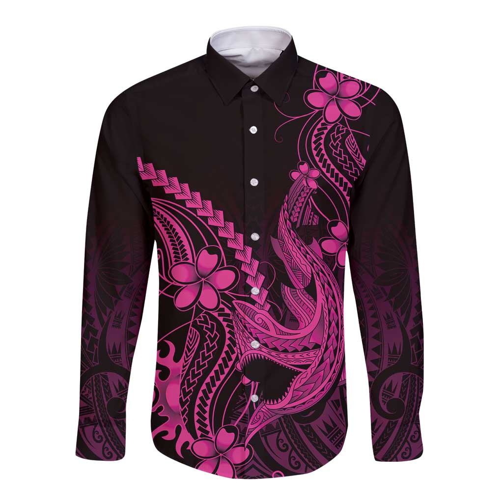 Pink Black Aloha Hawaii Long Sleeve Button Shirt Polynesian Shark Tattoo With Plumeria - Polynesian Pride
