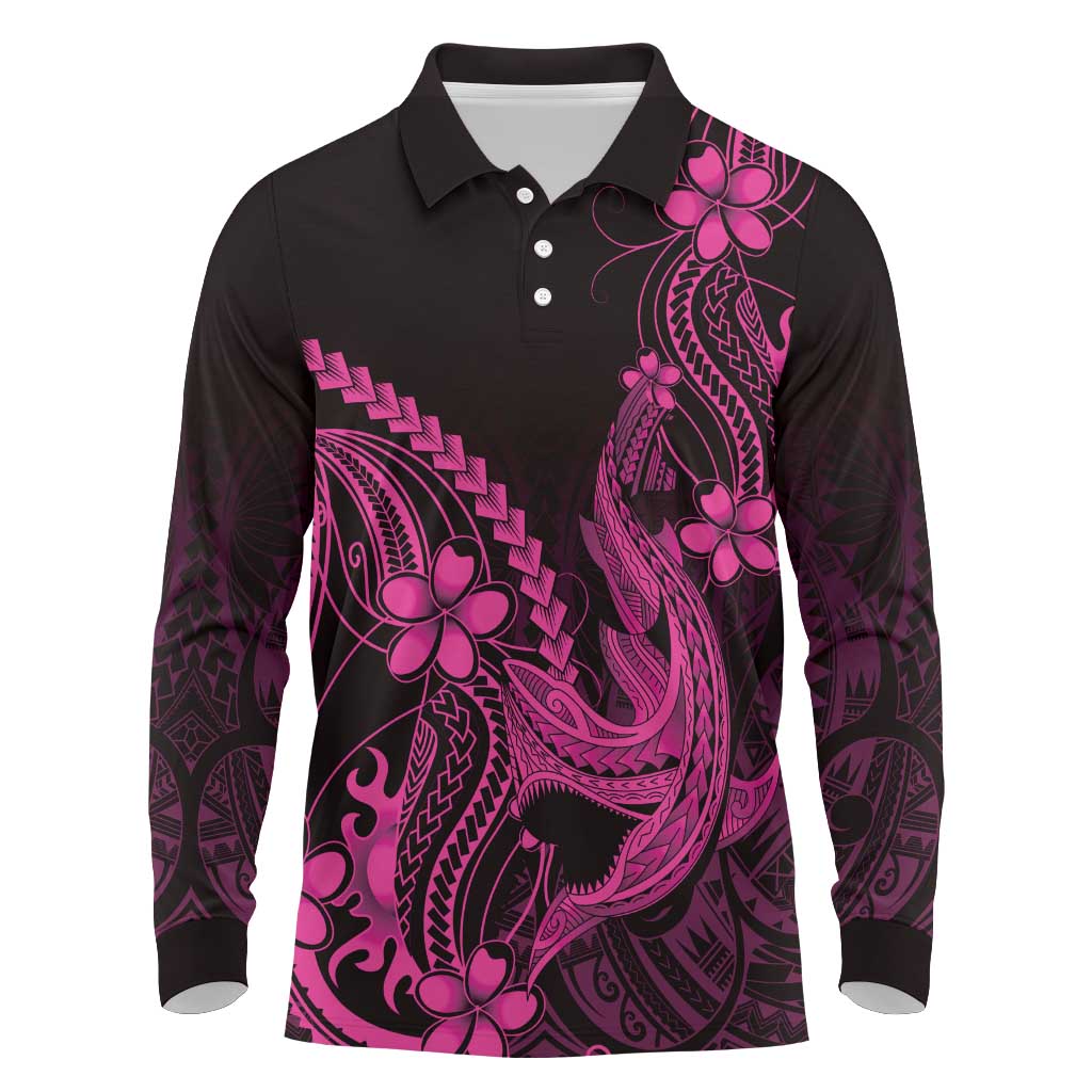 Pink Black Aloha Hawaii Long Sleeve Polo Shirt Polynesian Shark Tattoo With Plumeria - Polynesian Pride