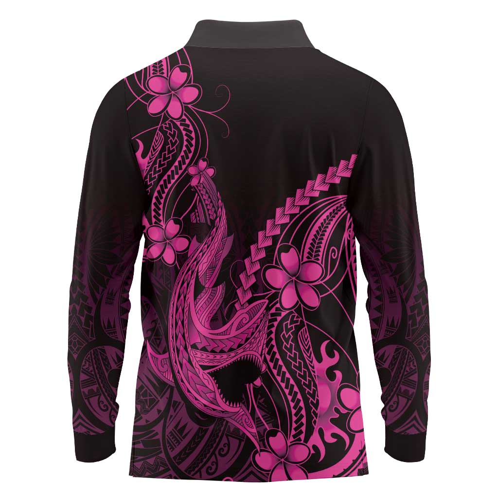 Pink Black Aloha Hawaii Long Sleeve Polo Shirt Polynesian Shark Tattoo With Plumeria - Polynesian Pride