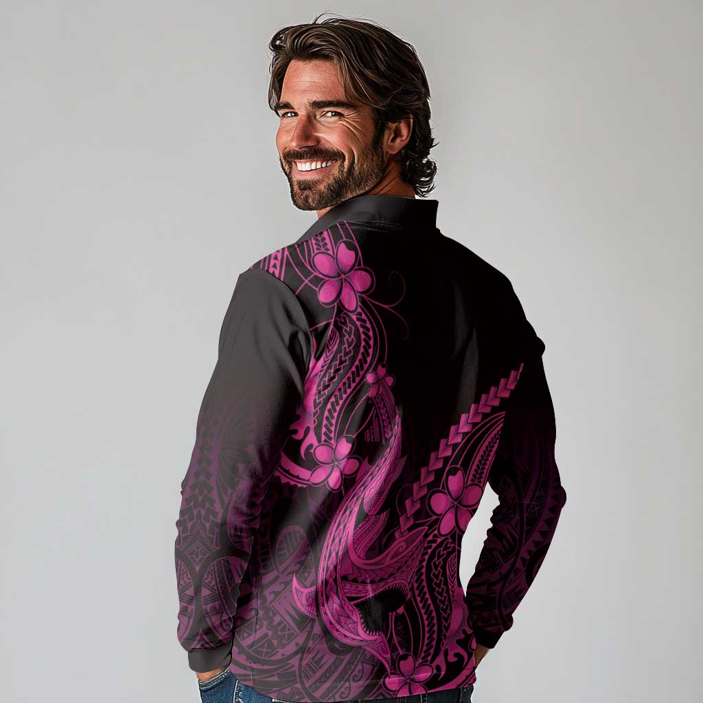 Pink Black Aloha Hawaii Long Sleeve Polo Shirt Polynesian Shark Tattoo With Plumeria - Polynesian Pride