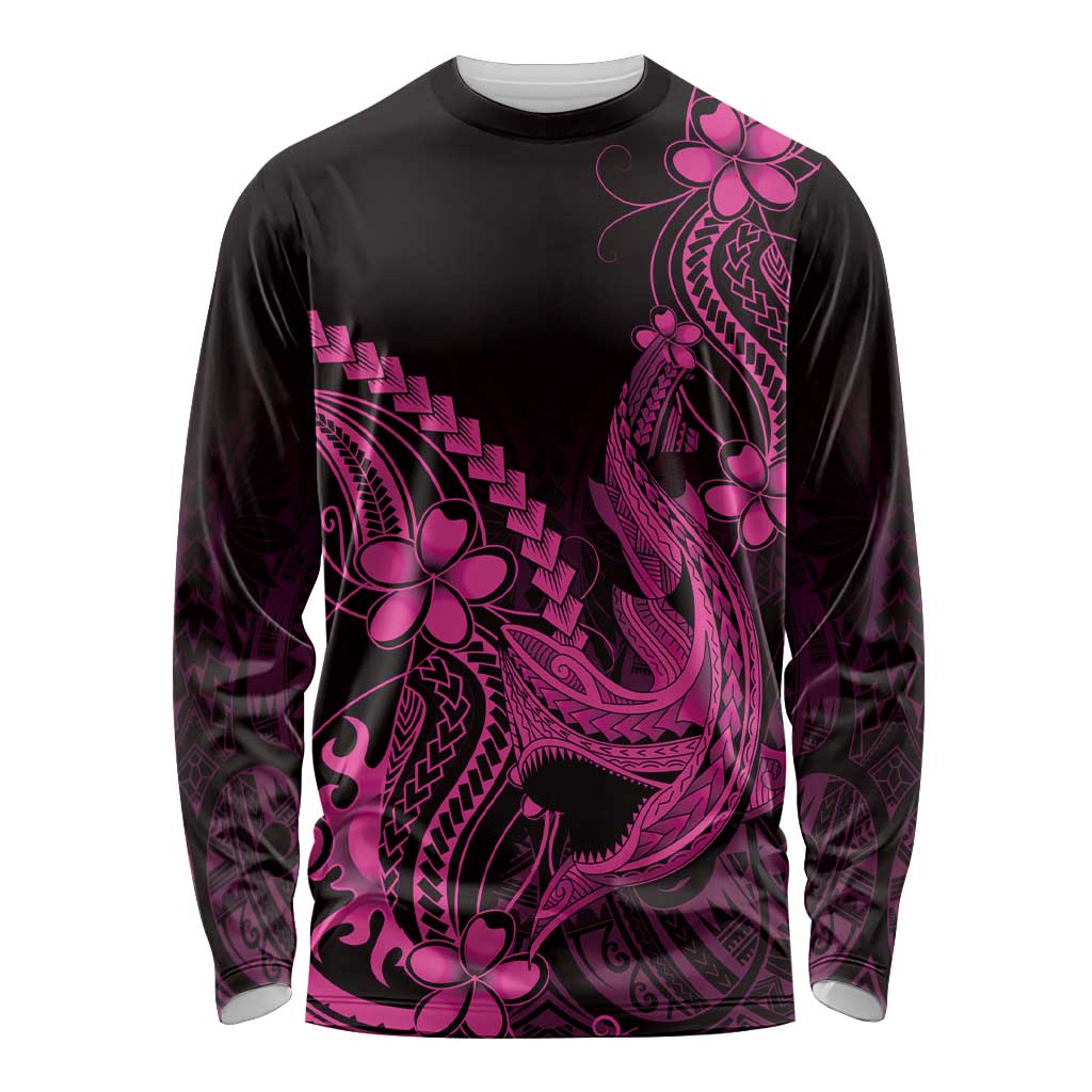 Pink Black Aloha Hawaii Long Sleeve Shirt Polynesian Shark Tattoo With Plumeria - Polynesian Pride
