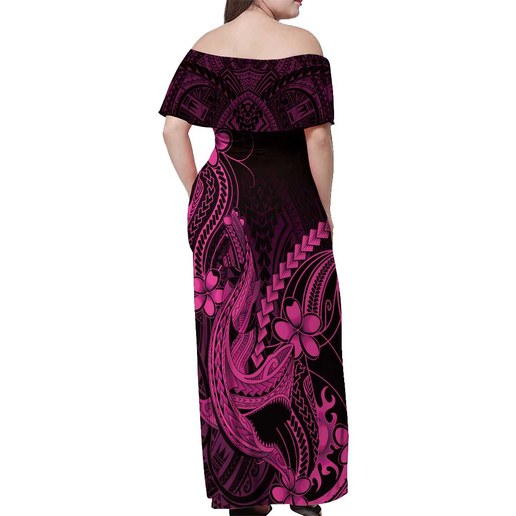 Pink Black Aloha Hawaii Off Shoulder Maxi Dress Polynesian Shark Tattoo With Plumeria - Polynesian Pride