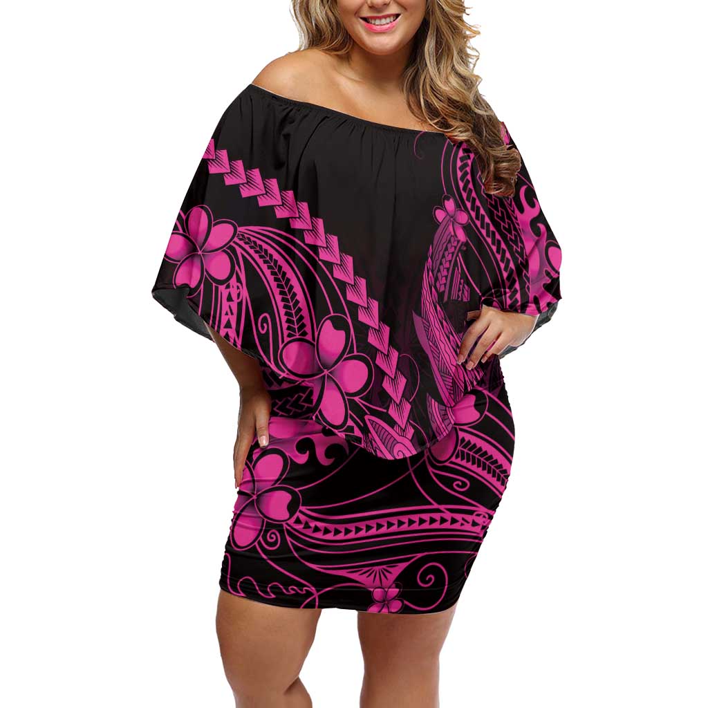 Pink Black Aloha Hawaii Off Shoulder Short Dress Polynesian Shark Tattoo With Plumeria - Polynesian Pride