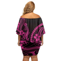 Pink Black Aloha Hawaii Off Shoulder Short Dress Polynesian Shark Tattoo With Plumeria - Polynesian Pride