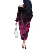 Pink Black Aloha Hawaii Off The Shoulder Long Sleeve Dress Polynesian Shark Tattoo With Plumeria - Polynesian Pride