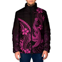 Pink Black Aloha Hawaii Padded Jacket Polynesian Shark Tattoo With Plumeria - Polynesian Pride
