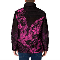 Pink Black Aloha Hawaii Padded Jacket Polynesian Shark Tattoo With Plumeria - Polynesian Pride