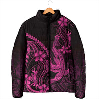 Pink Black Aloha Hawaii Padded Jacket Polynesian Shark Tattoo With Plumeria - Polynesian Pride