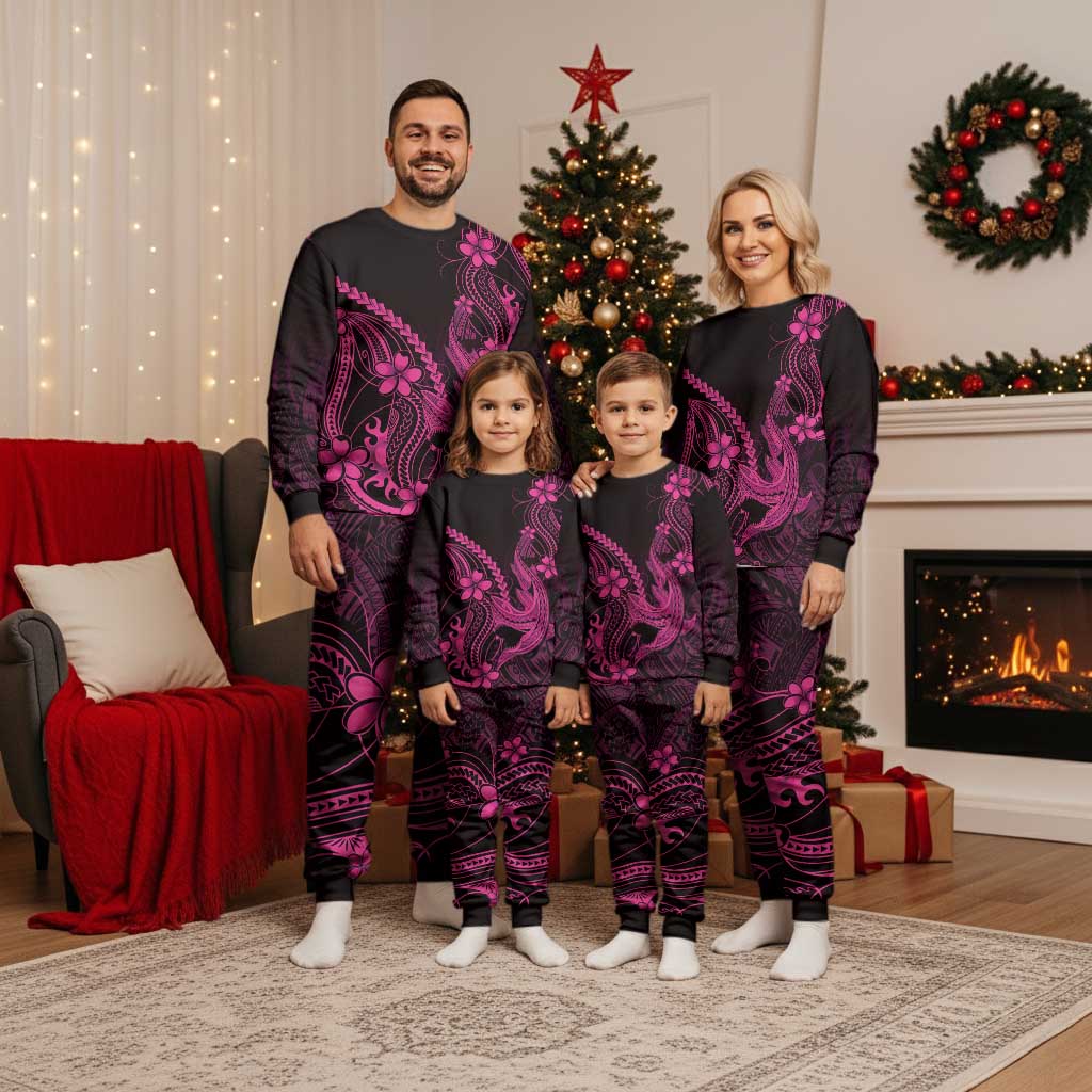 Pink Black Aloha Hawaii Christmas Pajama Set Polynesian Shark Tattoo With Plumeria - Polynesian Pride