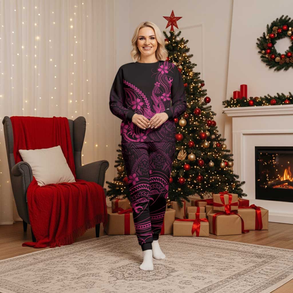 Pink Black Aloha Hawaii Christmas Pajama Set Polynesian Shark Tattoo With Plumeria - Polynesian Pride