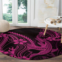 Pink Black Aloha Hawaii Round Carpet Polynesian Shark Tattoo With Plumeria - Polynesian Pride