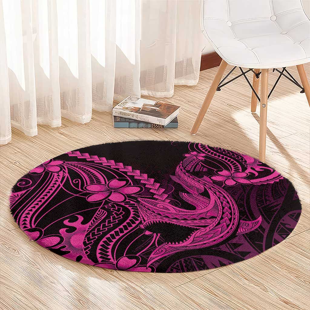 Pink Black Aloha Hawaii Round Carpet Polynesian Shark Tattoo With Plumeria - Polynesian Pride