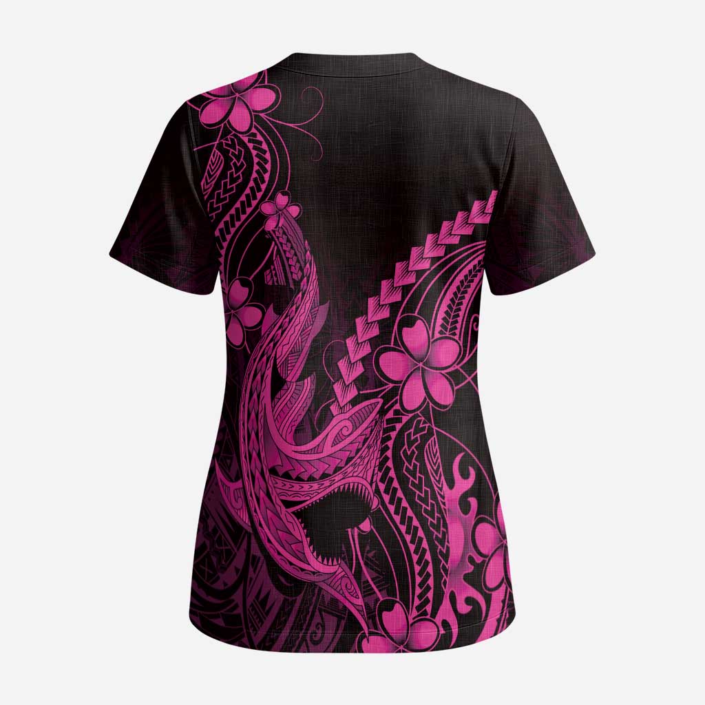 Pink Black Aloha Hawaii Scrub Top Polynesian Shark Tattoo With Plumeria - Polynesian Pride
