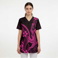 Pink Black Aloha Hawaii Scrub Top Polynesian Shark Tattoo With Plumeria - Polynesian Pride