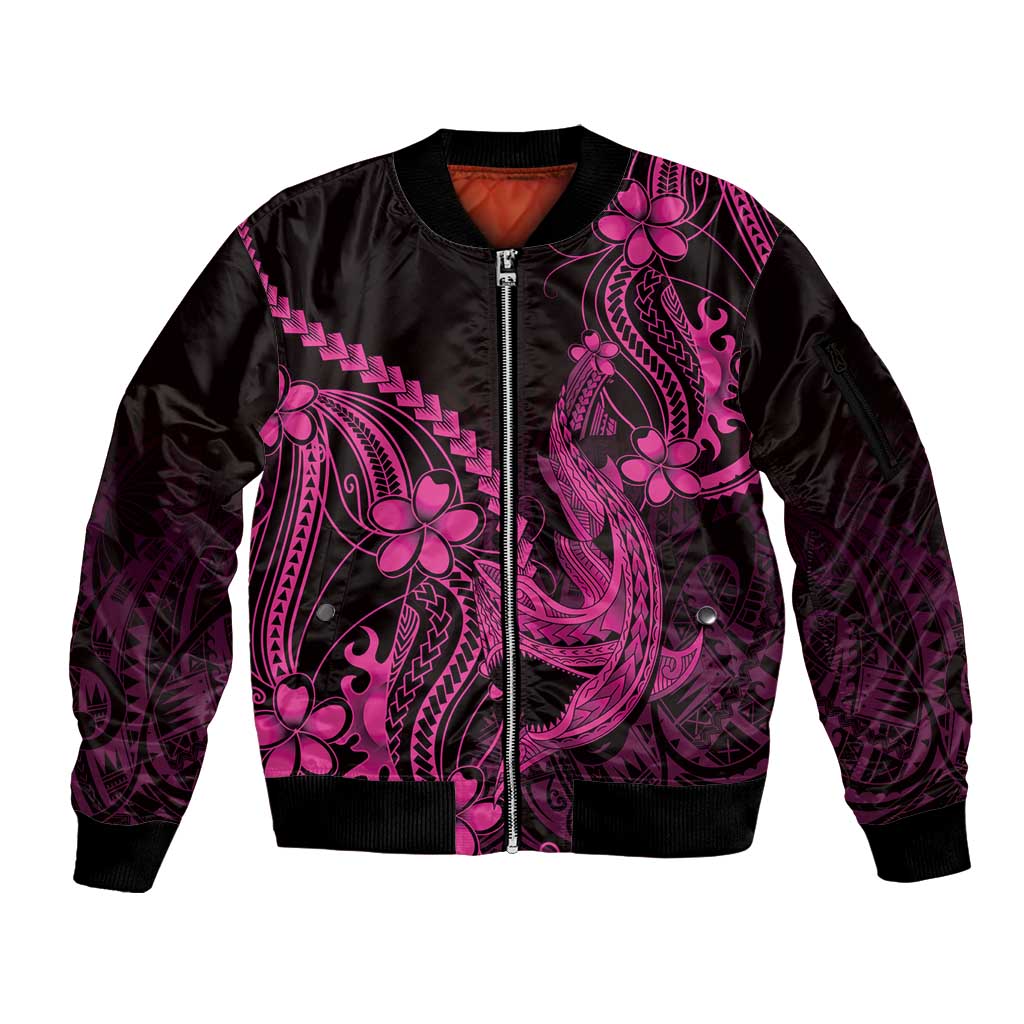 Pink Black Aloha Hawaii Sleeve Zip Bomber Jacket Polynesian Shark Tattoo With Plumeria - Polynesian Pride