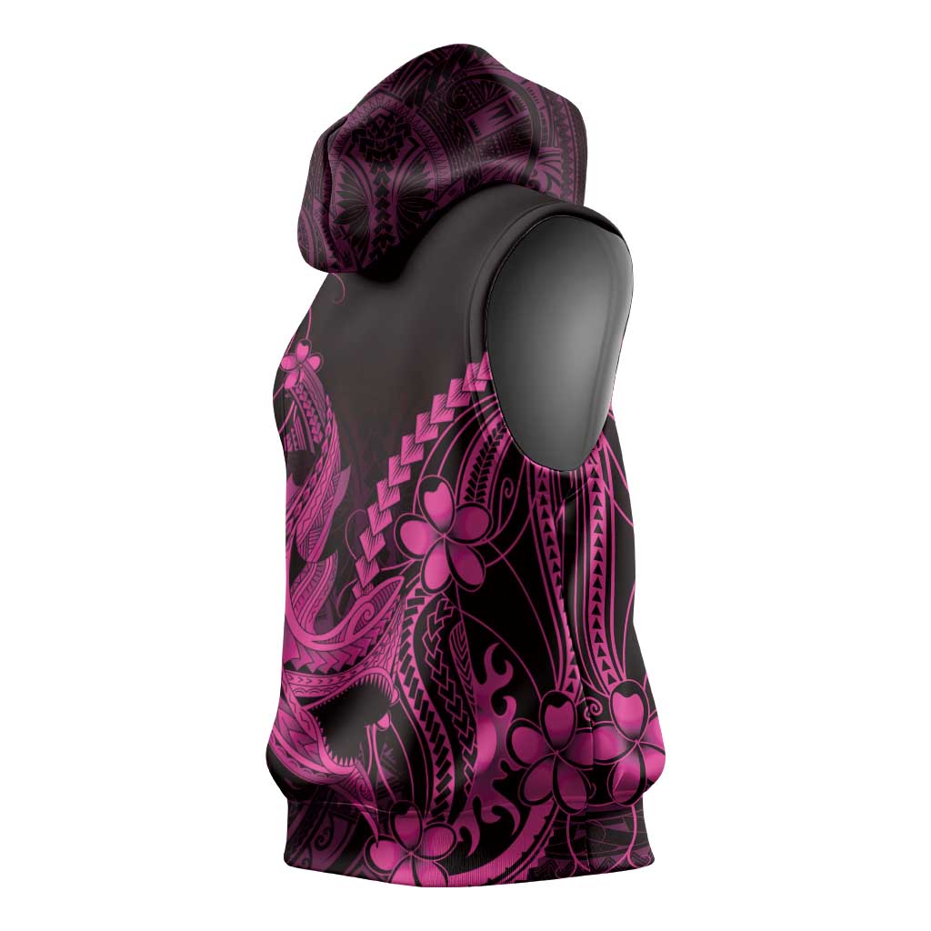 Pink Black Aloha Hawaii Sleeveless Hoodie Polynesian Shark Tattoo With Plumeria - Polynesian Pride