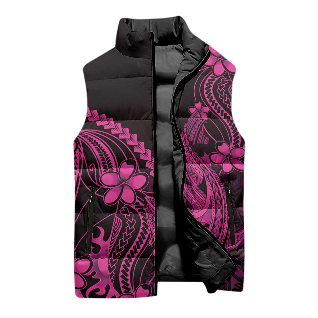 Pink Black Aloha Hawaii Sleeveless Puffer Jacket Polynesian Shark Tattoo With Plumeria - Polynesian Pride