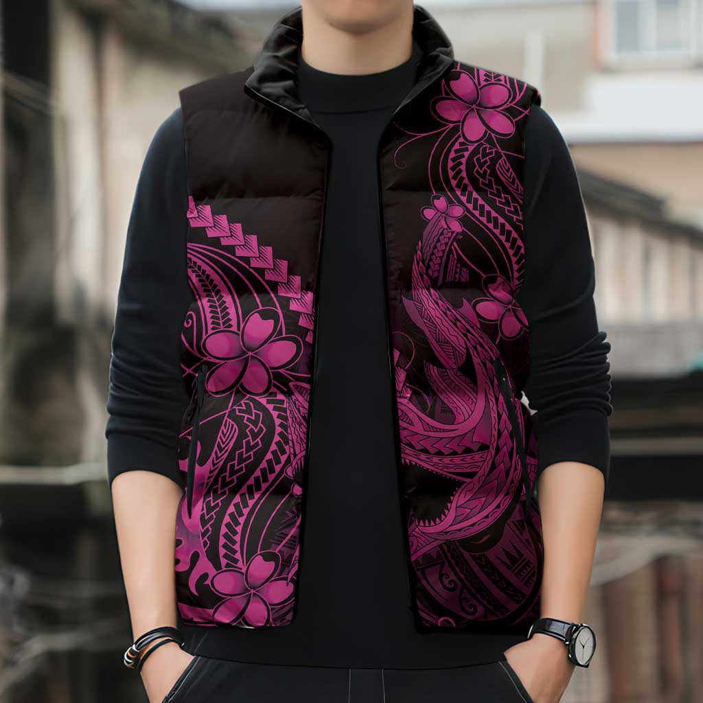 Pink Black Aloha Hawaii Sleeveless Puffer Jacket Polynesian Shark Tattoo With Plumeria - Polynesian Pride