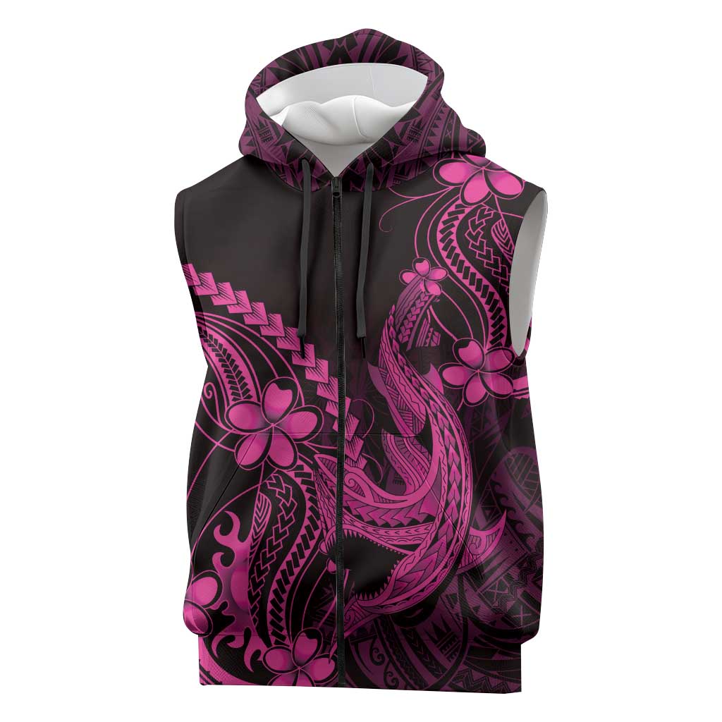 Pink Black Aloha Hawaii Sleeveless Zip Hoodie Polynesian Shark Tattoo With Plumeria - Polynesian Pride