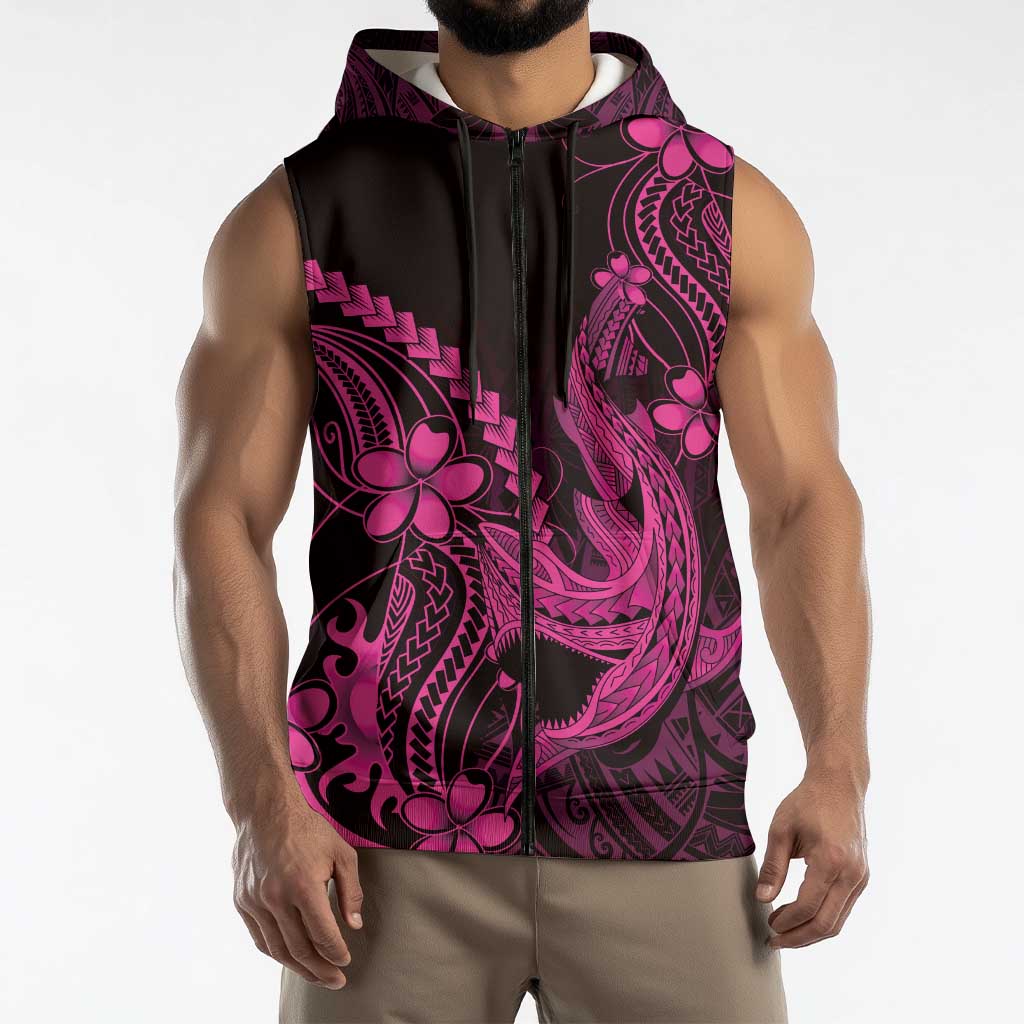 Pink Black Aloha Hawaii Sleeveless Zip Hoodie Polynesian Shark Tattoo With Plumeria - Polynesian Pride