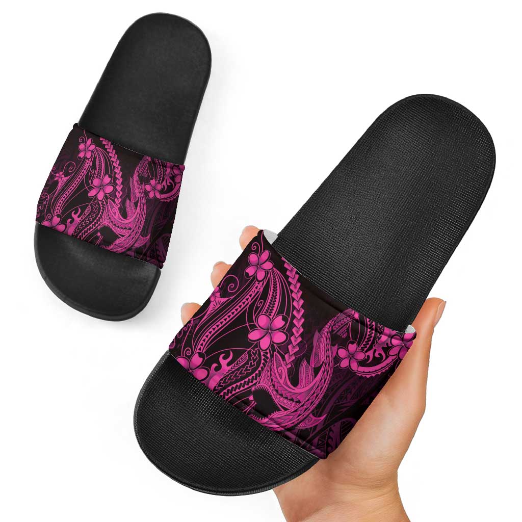 Pink Black Aloha Hawaii Slide Sandals Polynesian Shark Tattoo With Plumeria - Polynesian Pride