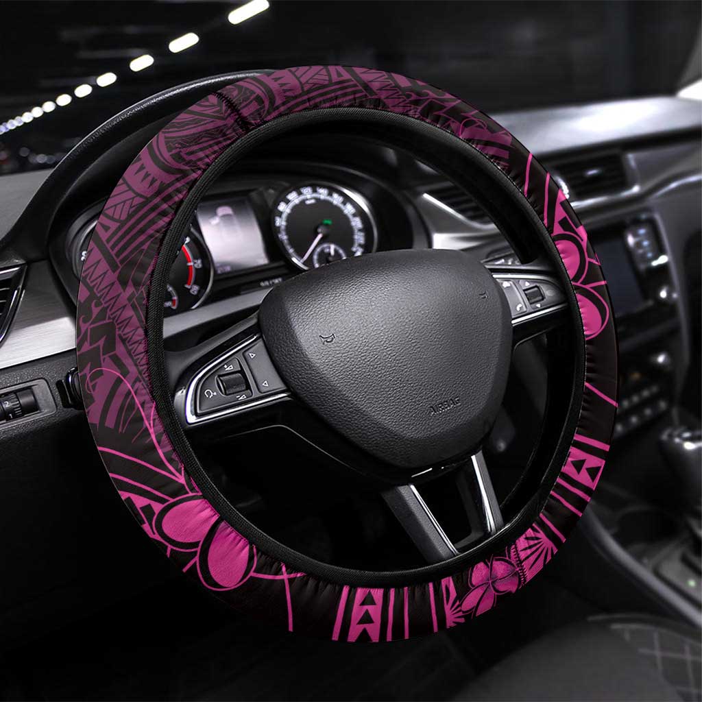 Pink Black Aloha Hawaii Steering Wheel Cover Polynesian Shark Tattoo With Plumeria - Polynesian Pride